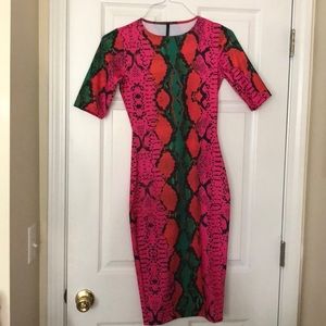 Pink Orange Green Snake Skin Print Bodycon Dress